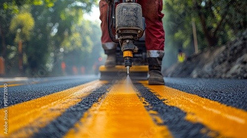 Worker Painting Double Yellow Lines on Road with Sprayer