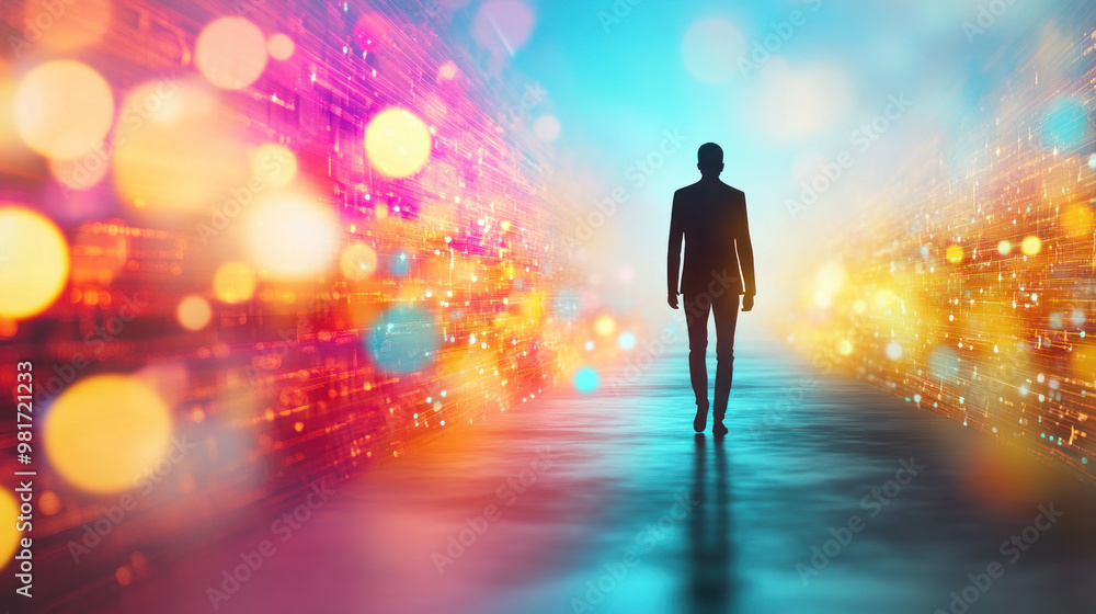 A human silhouette walking on path of glowing ideas, surrounded by vibrant colors. A human silhouette walking on path of glowing ideas, surrounded by vibrant colors.