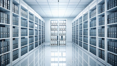 A minimalist illustration of a medical records room with rows of shelves storing folders containing x-ray images on a clean white background with subtle grid patterns and soft shadow effects