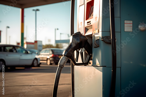 Vehicle being fueled, calm atmosphere at a roadside station, despite the challenge of rising fuel prices. photo