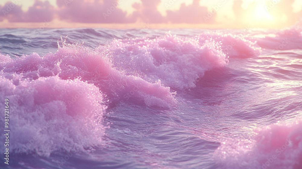 Fototapeta premium A serene view of pink waves gently rolling under a glowing sunset, creating a calming atmosphere of beauty and tranquility.