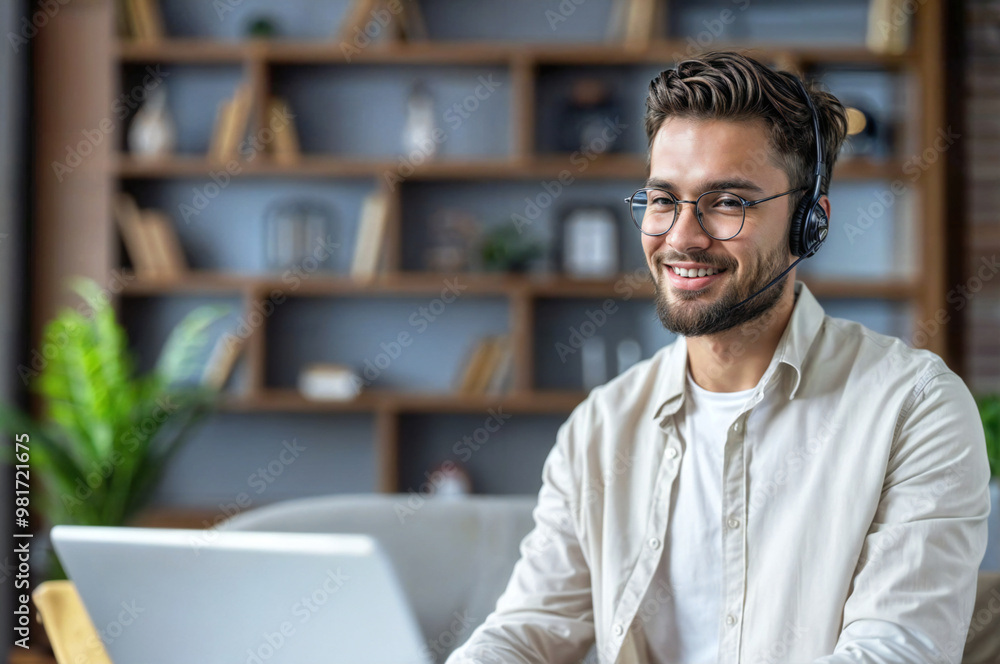 Naklejka premium Smiling customer service representative working remotely with headset and laptop