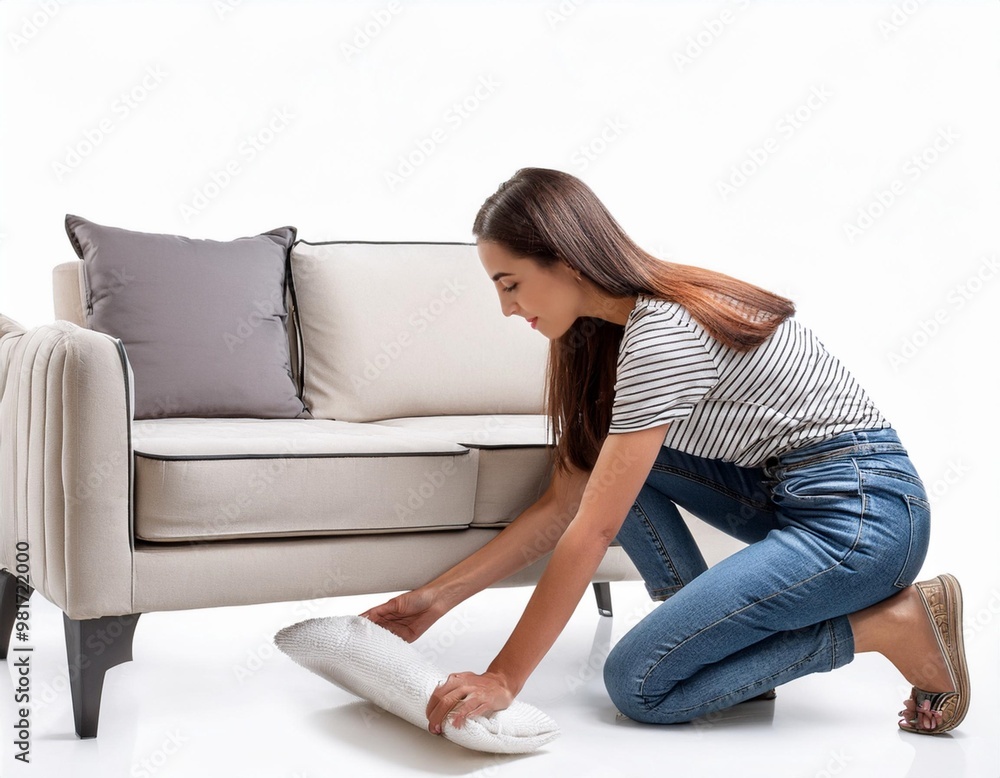 Young Woman Decorating Her Living Room with Modern Furniture Isolated on White Background, Clipping Path, Full Depth of Field Young Woman Decorating Her Living Room with Modern Furniture Isolated on White Background, Clipping Path, Full Depth of Field