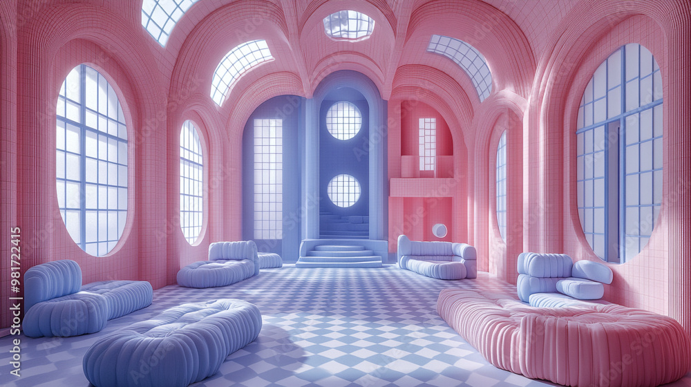 A vibrant, minimalist interior showcasing a blend of soft pink and blue hues, featuring modern furniture and ample natural light. A vibrant, minimalist interior showcasing a blend of soft pink and blue hues, featuring modern furniture and ample natural light.