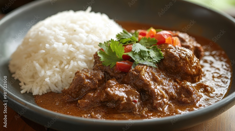 Delicious Curry Beef with Rice and Fresh Vegetables Delicious Curry Beef with Rice and Fresh Vegetables