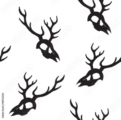 Vector seamless pattern of hand drawn sketch doodle deer skull silhouette isolated on white background