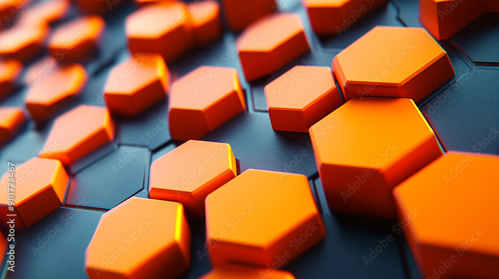 Close-up of a vibrant abstract design featuring orange hexagon shapes arranged on a dark textured background. Close-up of a vibrant abstract design featuring orange hexagon shapes arranged on a dark textured background.