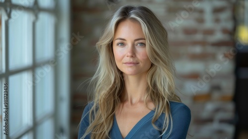 Attractive middle-aged blond woman with a beautiful smile standing against a receding wall looking directly at the camera