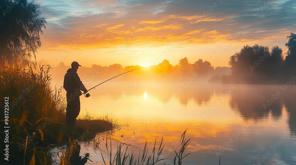 Solitary Fisherman Casting a Line at Sunrise Over Foggy Lake Solitary Fisherman Casting a Line at Sunrise Over Foggy Lake