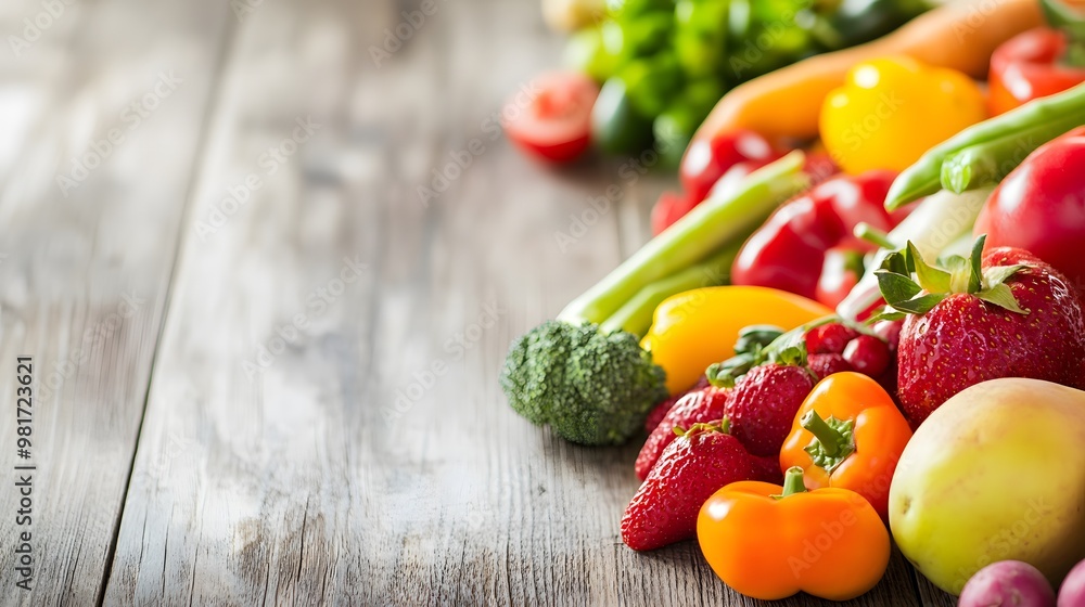 Close-up of vibrant fresh fruits and vegetables arranged in a balanced layout on a wooden table, symbolizing healthy gut nutrition and natural wellness Close-up of vibrant fresh fruits and vegetables arranged in a balanced layout on a wooden table, symbolizing healthy gut nutrition and natural wellness