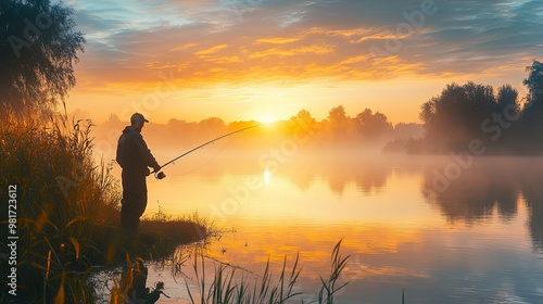 Solitary Fisherman Casting a Line at Sunrise Over Foggy Lake