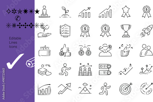 Icons set of  Success and Growth Editable. Vector illustration in modern thin line style of business icons: personal, professional, and financial growth, progress, career. Pictograms and infographics