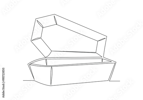Continuous single line of wooden coffin horror funeral graveyard halloween concept one line vector illustration