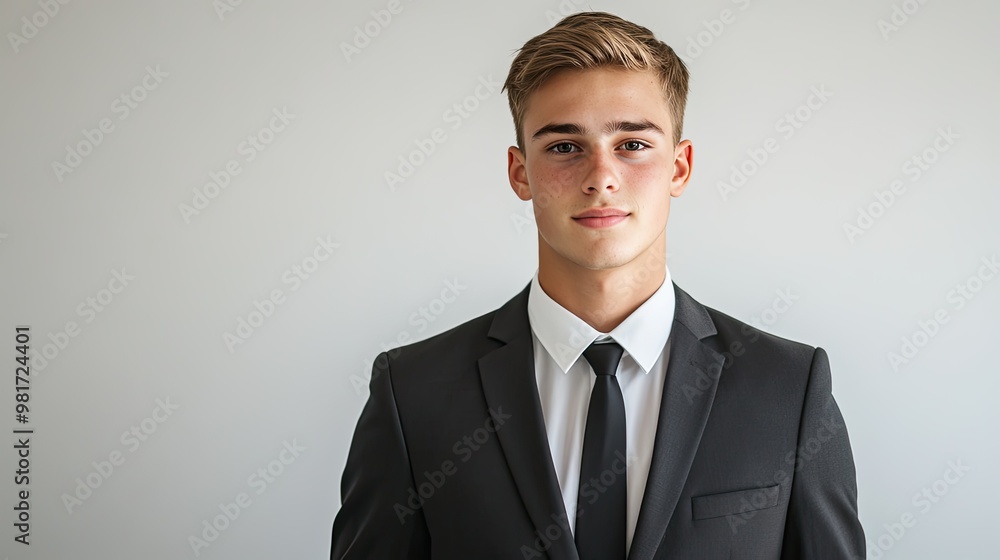 Confident young man in a suit with a white backdrop 