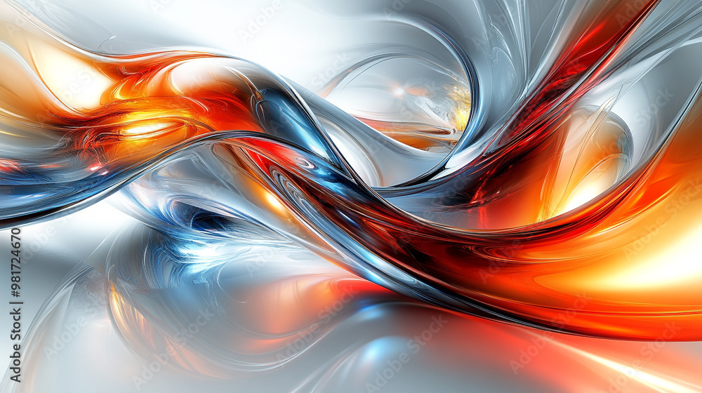 Vibrant abstract swirl featuring dynamic shapes in orange, blue, and silver tones. Ideal for backgrounds and modern art themes.