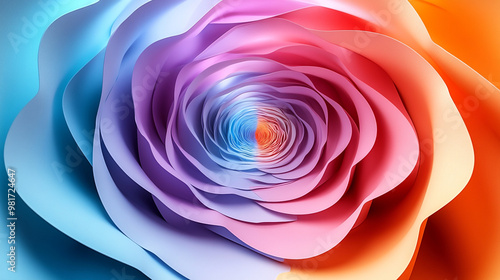 Vibrant abstract rose with soft petals in shades of blue, pink, and orange, creating a mesmerizing visual effect.