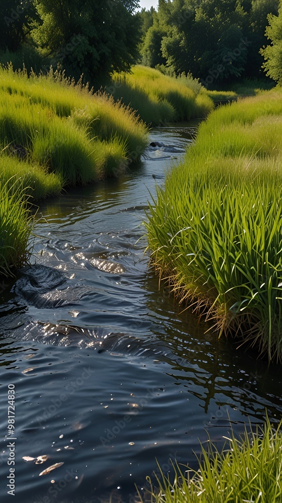 A flowing watercourse across the land, teeming with life and fish, with its waters flowing gently or swiftly A flowing watercourse across the land, teeming with life and fish, with its waters flowing gently or swiftly