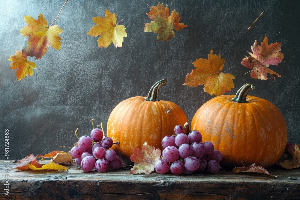 Thanksgiving pumpkins with wild grapes and falling leaves on a rustic wooden table , ai Thanksgiving pumpkins with wild grapes and falling leaves on a rustic wooden table , ai