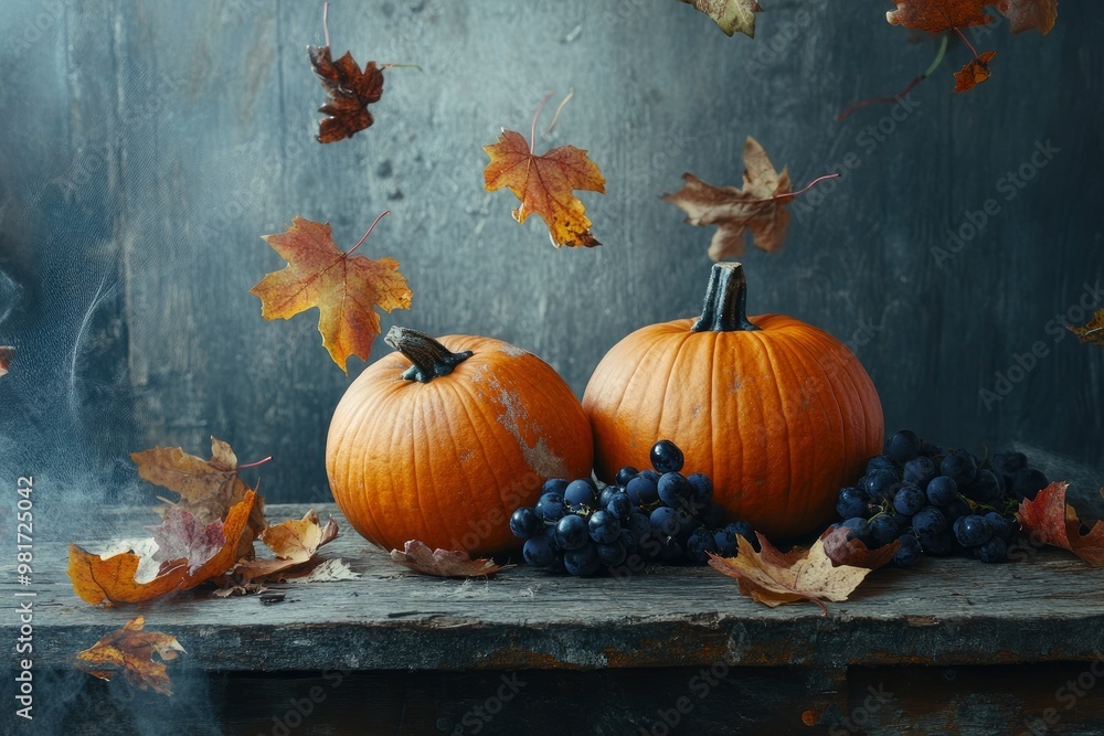 Thanksgiving pumpkins with wild grapes and falling leaves on a rustic wooden table , ai Thanksgiving pumpkins with wild grapes and falling leaves on a rustic wooden table , ai