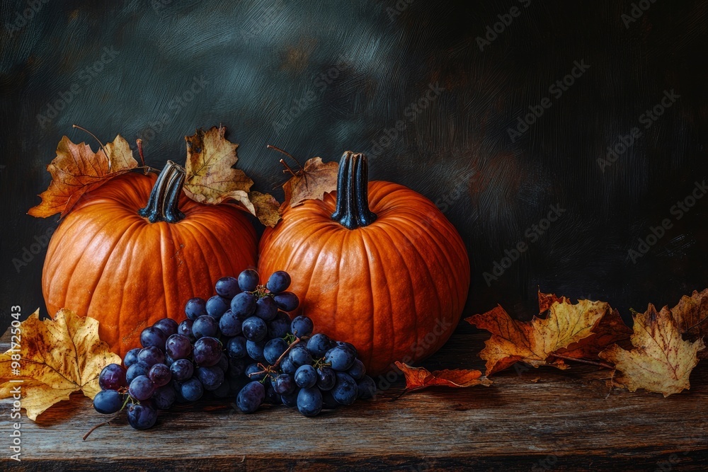Thanksgiving pumpkins with wild grapes and falling leaves on a rustic wooden table , ai Thanksgiving pumpkins with wild grapes and falling leaves on a rustic wooden table , ai