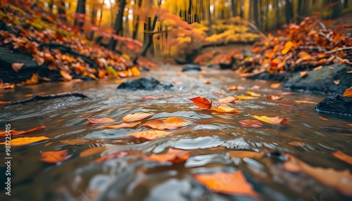 A colorful stream in the heart of a forest during autumn, where vibrant red, orange, and yellow leaves float gently on the water's surface.