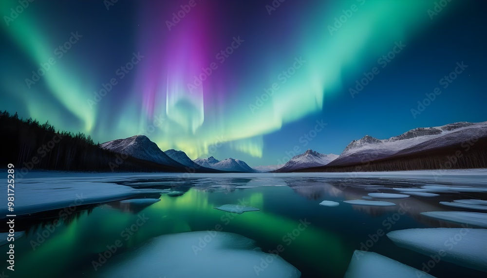 A stunning display of the Northern Lights over a frozen lake. A stunning display of the Northern Lights over a frozen lake.