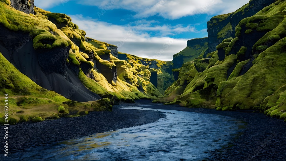 Fototapeta premium Fjaðrárgljúfur Canyon in Iceland on a Bright Day with Moss-Covered Cliffs