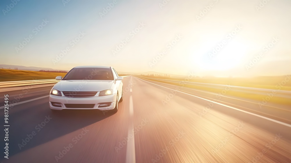 Lone car driving on deserted highway at sunset, road stretching into horizon with golden light reflecting off hood, sharp silhouette against vibrant sky, emphasizing solitude and freedom Lone car driving on deserted highway at sunset, road stretching into horizon with golden light reflecting off hood, sharp silhouette against vibrant sky, emphasizing solitude and freedom