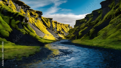 Fjaðrárgljúfur Canyon in Iceland on a Bright Day with Moss-Covered Cliffs photo