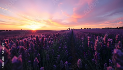 A wide-angle shot of rolling lavender fields at sunset, with the sky painted in hues of pink, purple, and gold.