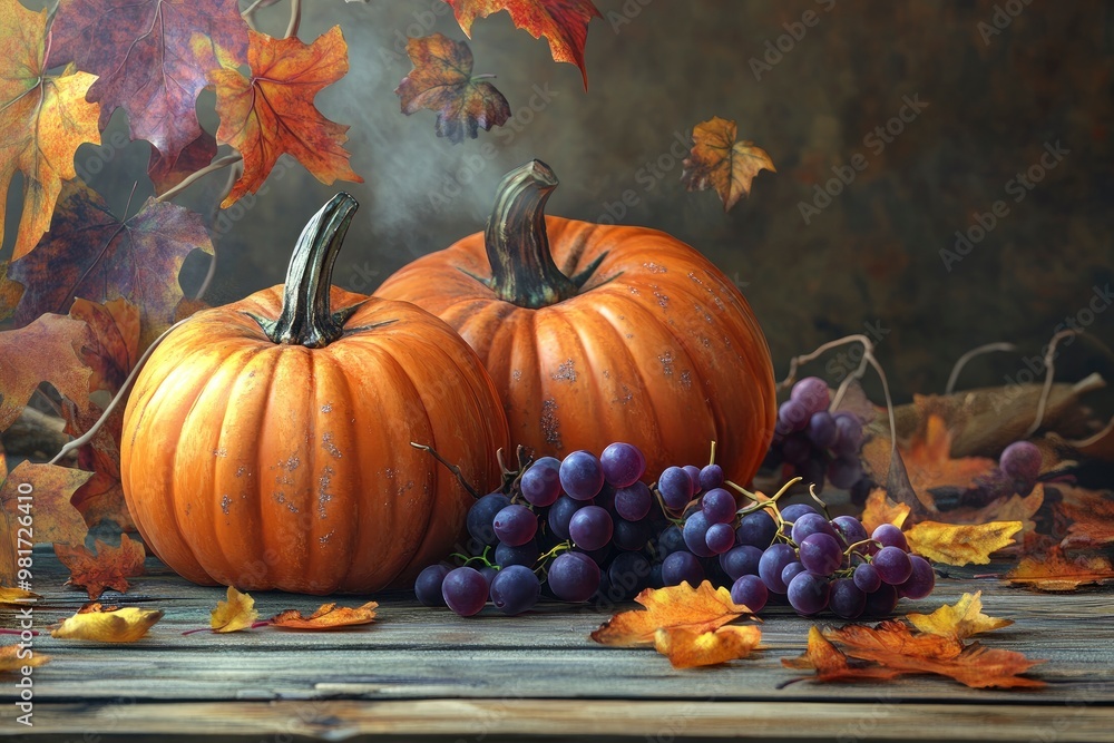 Thanksgiving pumpkins with wild grapes and falling leaves on a rustic wooden table , ai Thanksgiving pumpkins with wild grapes and falling leaves on a rustic wooden table , ai