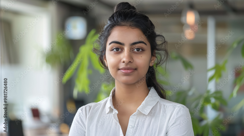 Young Indian business woman entrepreneur looking at camera in the office Young Indian business woman entrepreneur looking at camera in the office