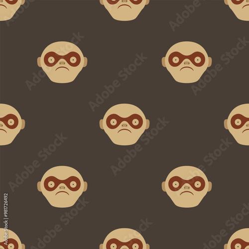 Seamless polka dot pattern with stylized monkey faces. Ethnic animal design of Moche Indians from ancient Peru. On dark background.