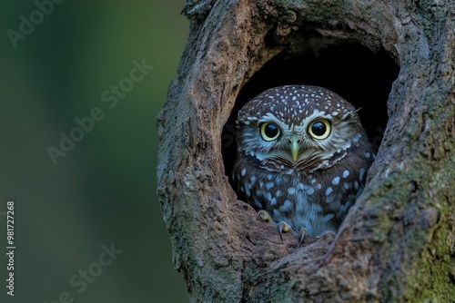 Glaucidium passerinum. It is the smallest owl in Europe. It occurs mainly in northern Europe. But also in Central and Southern Europe. In some mountain areas. Photographed in the Czech Republic, ai