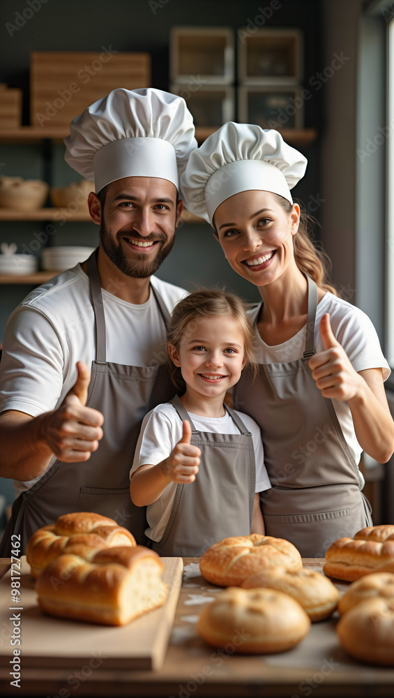 A happy family of bakers, including a smiling child, proudly showcasing their freshly baked bread in a cozy kitchen. This cheerful image is perfect for food blogs, family recipes, and bakery promotion A happy family of bakers, including a smiling child, proudly showcasing their freshly baked bread in a cozy kitchen. This cheerful image is perfect for food blogs, family recipes, and bakery promotion
