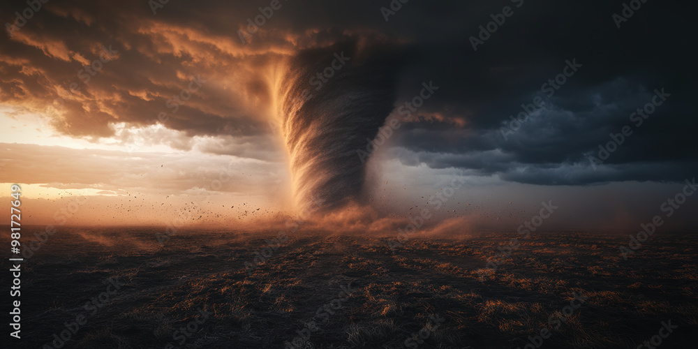 A tornado forming in an open field showcases raw power of violent weather, with dark clouds swirling ominously above and dust swirling around base A tornado forming in an open field showcases raw power of violent weather, with dark clouds swirling ominously above and dust swirling around base