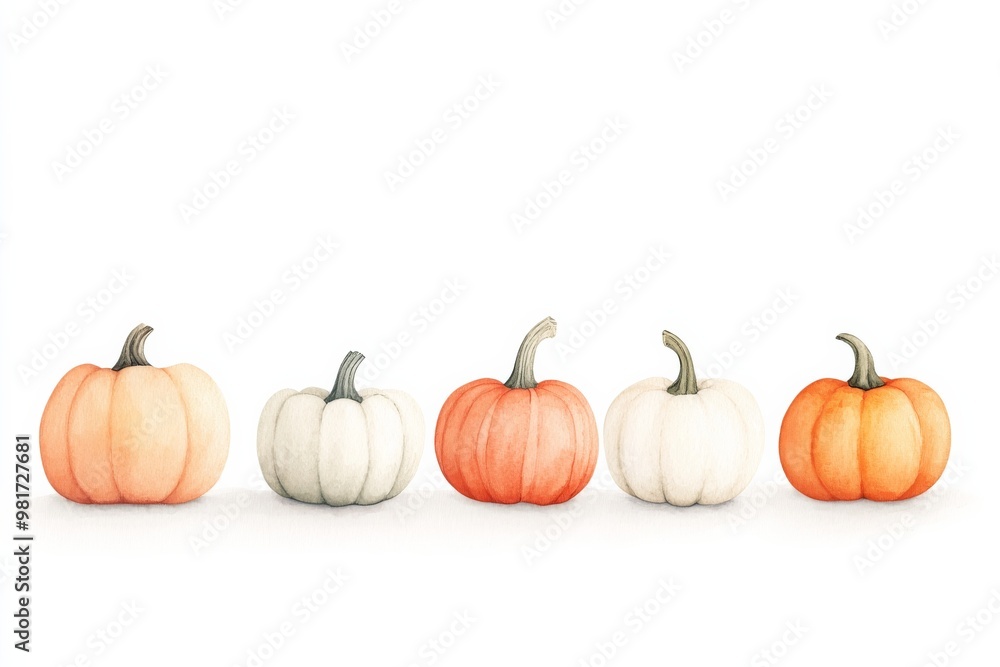 Watercolor illustration of five pumpkins in different shades of orange and white. Minimalist and clean design, ideal for fall decorations.
Watercolor illustration of five pumpkins in different shades of orange and white. Minimalist and clean design, ideal for fall decorations.