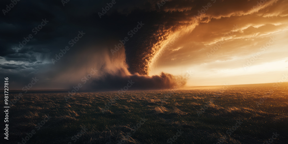 A tornado forming in an open field showcases raw power of violent weather, with dark clouds swirling ominously against dramatic sunset. scene evokes sense of awe and fear A tornado forming in an open field showcases raw power of violent weather, with dark clouds swirling ominously against dramatic sunset. scene evokes sense of awe and fear