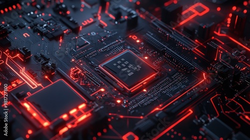 Closeup of a Circuit Board with Red Glowing Lights