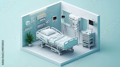 Isometric View of a Hospital Room with a Bed and Medical Equipment photo