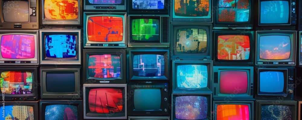 Wall of televisions displaying various colorful broadcasts Wall of televisions displaying various colorful broadcasts