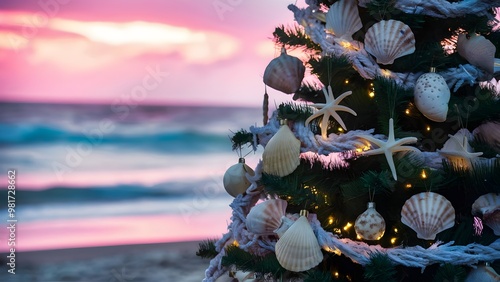 Beach-themed Christmas tree with seashell ornaments at sunset