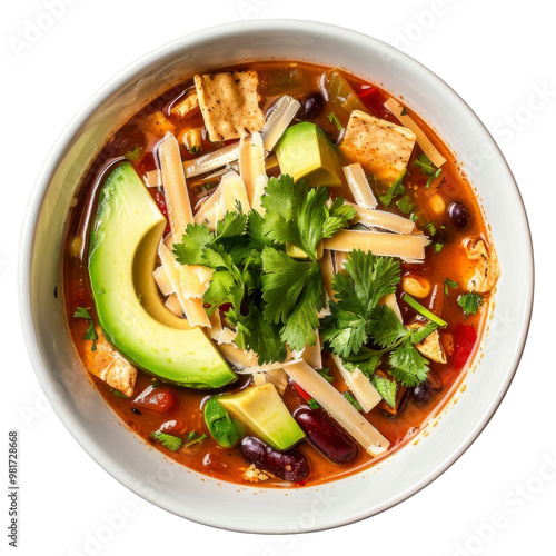 A bowl of hearty chicken tortilla soup with toppings of avocado, cheese, and cilantro.