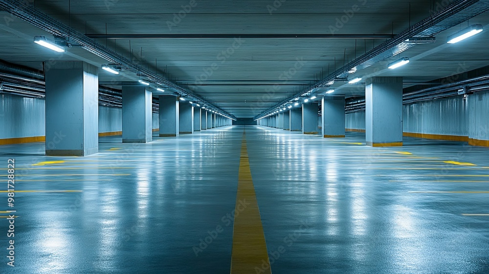 Empty Concrete Parking Garage with Fluorescent Lights Empty Concrete Parking Garage with Fluorescent Lights