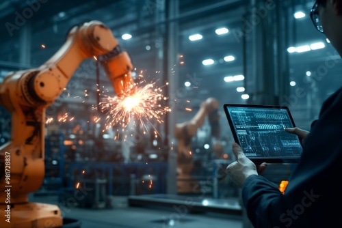 A robotic arm welds metal parts in a modern industrial setting. A technician oversees the process using a tablet. Innovation meets technology in this workspace. Generative AI photo