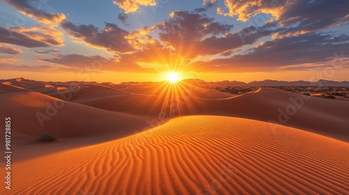 Golden Sunset Over Rolling Sand Dunes in a Desert Landscape