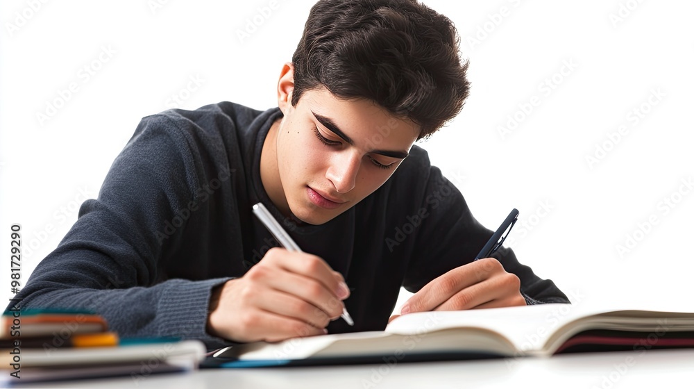 Motivated student studying with a white background Motivated student studying with a white background