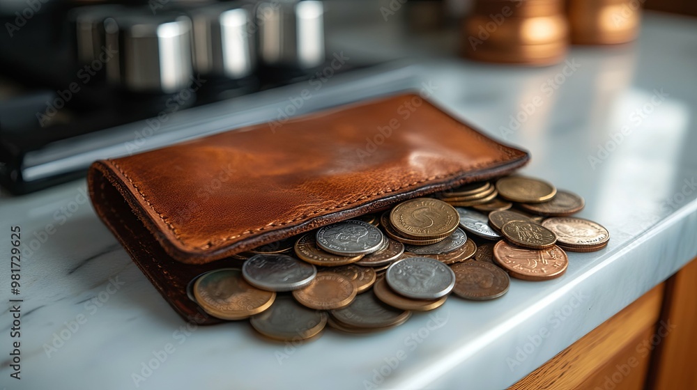 Open Brown Leather Wallet Overflowing with Coins on Marble Countertop