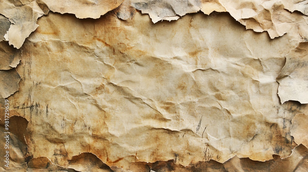 A close-up of a worn, crumpled, and faded paper texture. The paper is ripped and has a brown color with visible marks of age. A close-up of a worn, crumpled, and faded paper texture. The paper is ripped and has a brown color with visible marks of age.