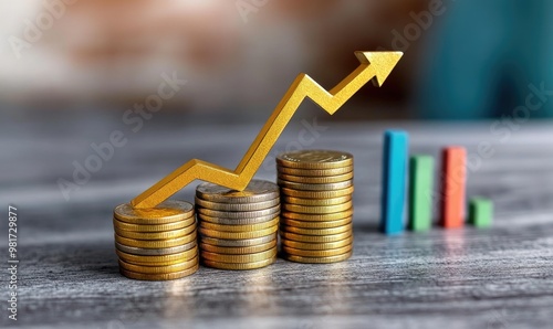 Stacks of Coins with Upward Arrows and Growing Graph - Financial Growth and Budgeting Concept